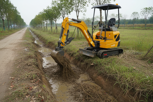 Excavator Cleaning Ditch with Grading Bucket